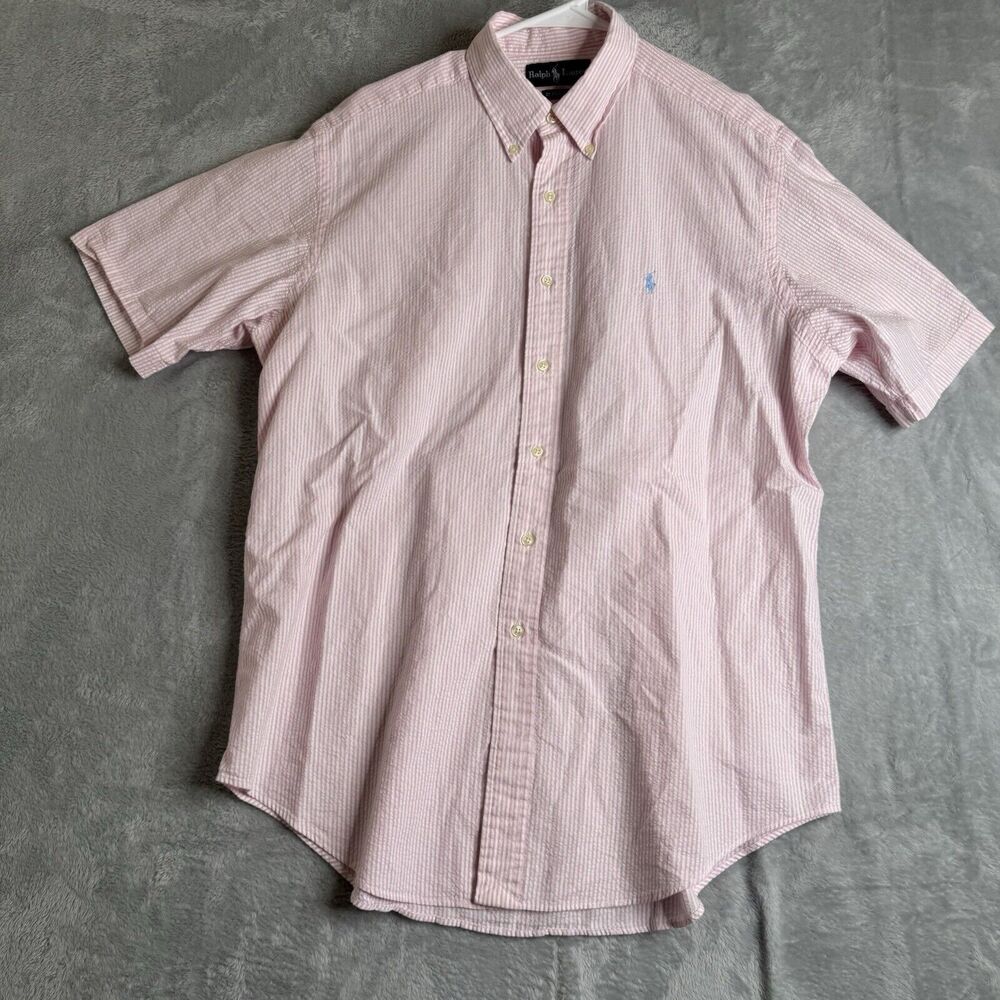 Ralph Lauren Shirt Men XL Pink Striped Pony Short Sleeve Seersucker Button Up